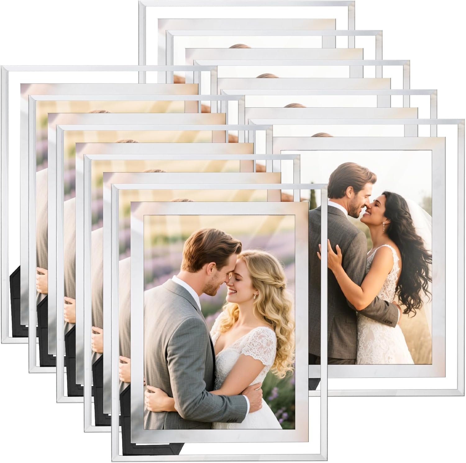 WRINGKIT Set of 10 Silver Glass Picture Frame 5x7, Mirrored Photo Frames Bulk, Tabletop Desk Frame with Thin Border, Display Vertically or Horizontally, Clear Wedding Picture Frame for Gifts, Decor