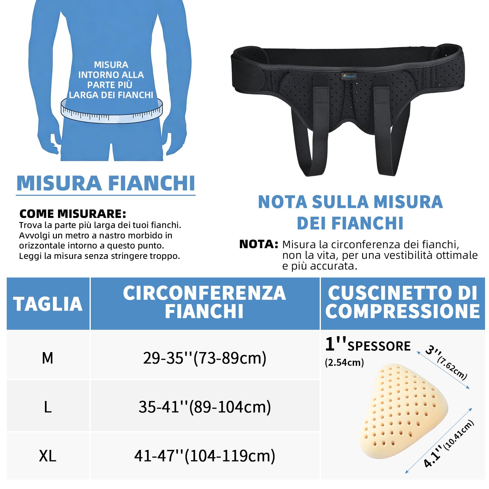 Tenbon Cintura per ernia per uomini e donne Cintura per ernia regolabile flessibile Supporto per ernia Sollievo dal dolore con 2 cuscinetti di compressione rimovibili (M)