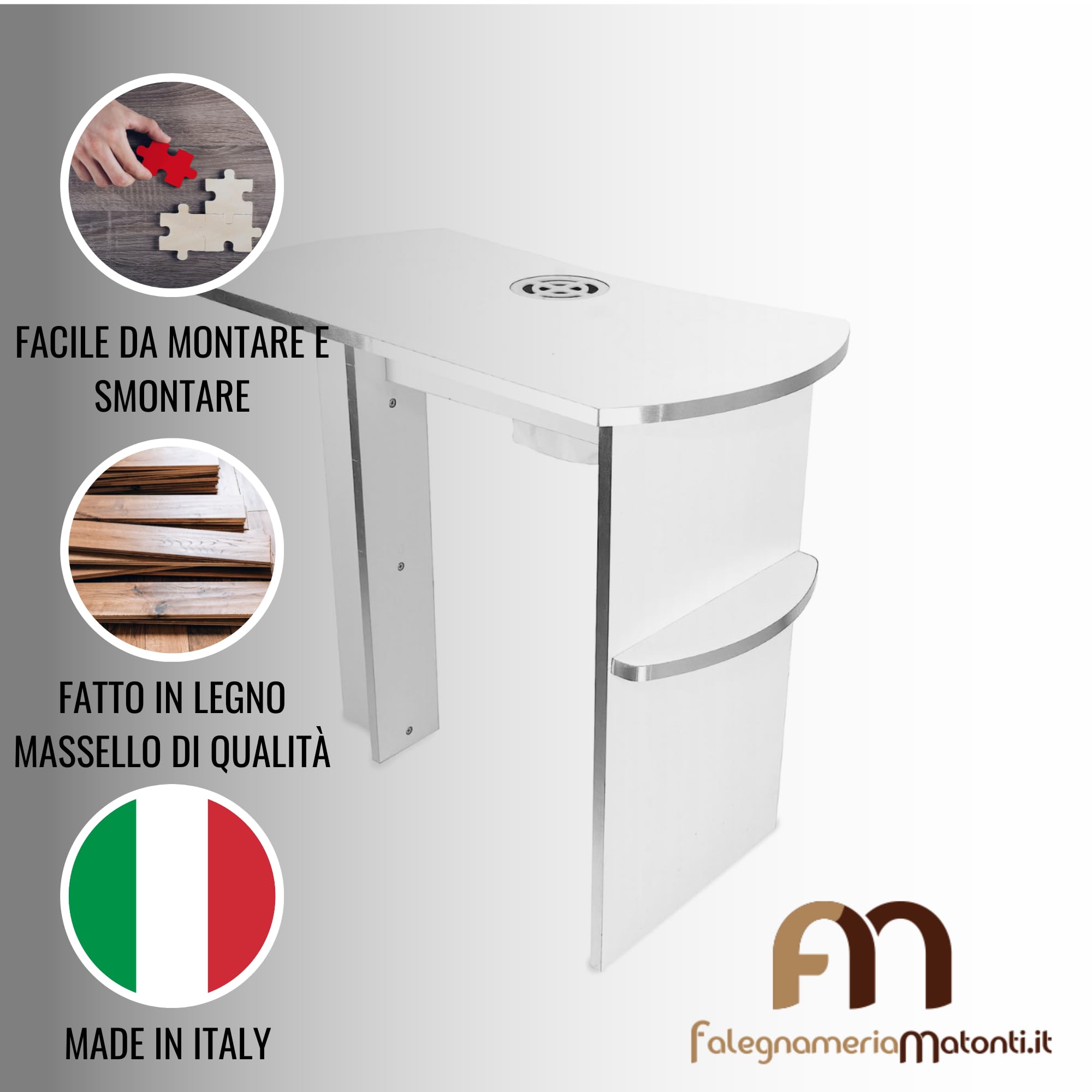 Matonti - Tavolo Manicure Professionale per Unghie con Aspiratore Elettrico e intarsi in acciaio - Ideale per Nail Art Ricostruzione Unghie, + Aspiratore per Polveri - Made in Italy, in Legno Bianco