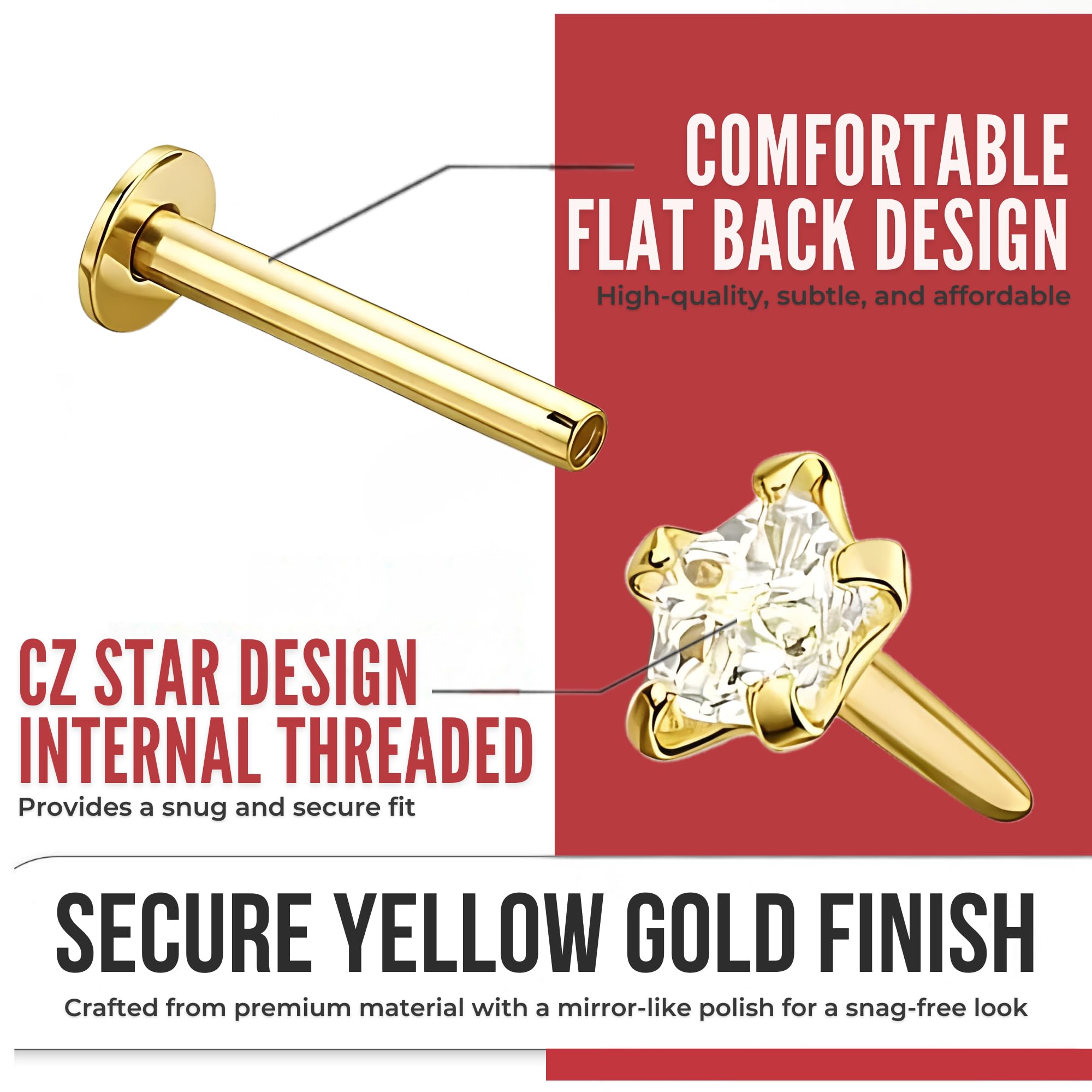14K Solid Gelb Gold Klaue Set 3 MM Star CZ Stein internen Gewinde Top 16 Gauge Hollow Lippe Labret Tragus Bar Piercing-Schmuck