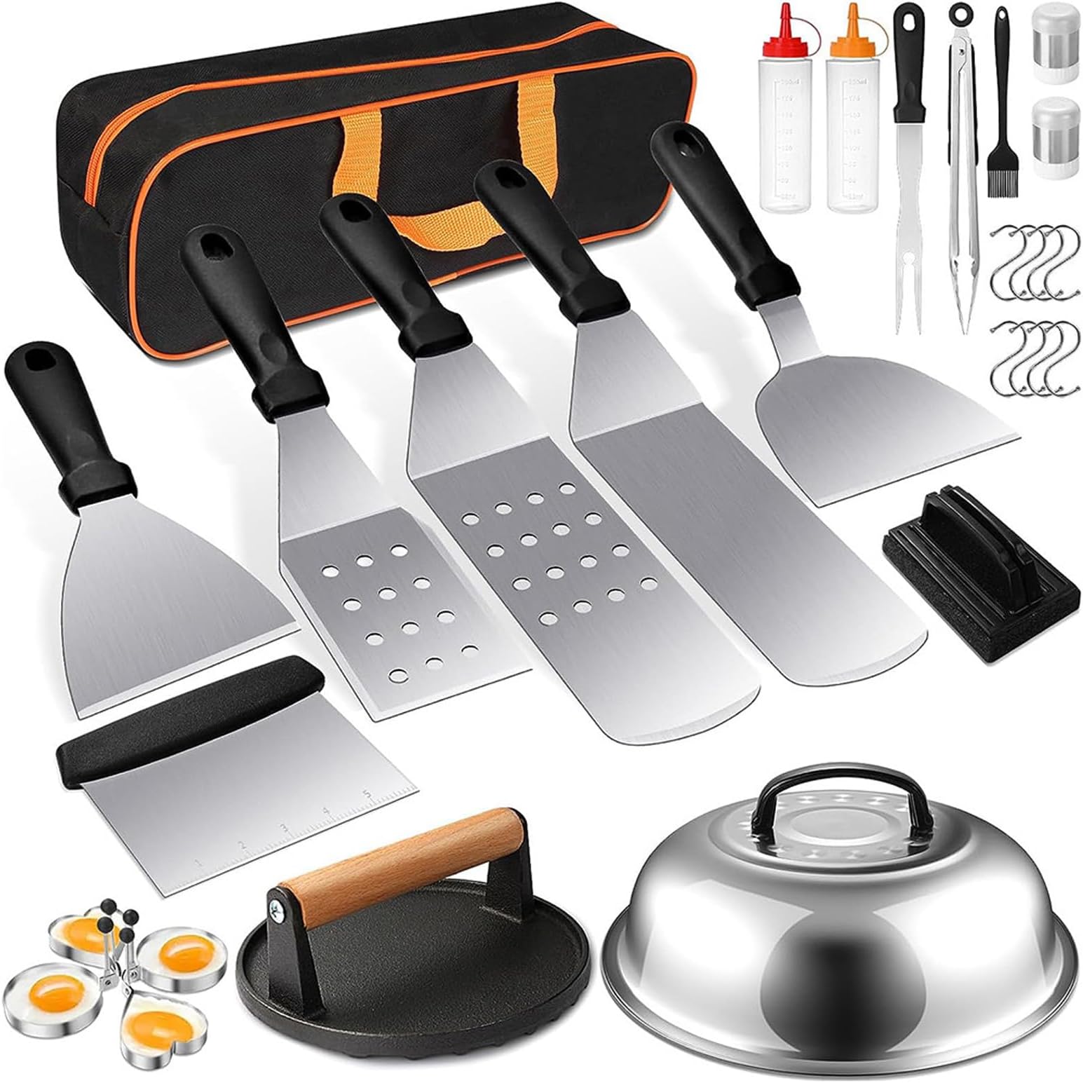 Beauenty Griddle Accessories Kit, 29pcs Stainless Steel BBQ Flat Top Grill Accessories Set, Outdoor Barbecue Camping Cooking, Teppanyaki Spatula Scraper Tongs Basting Cover Burger(Style 1)
