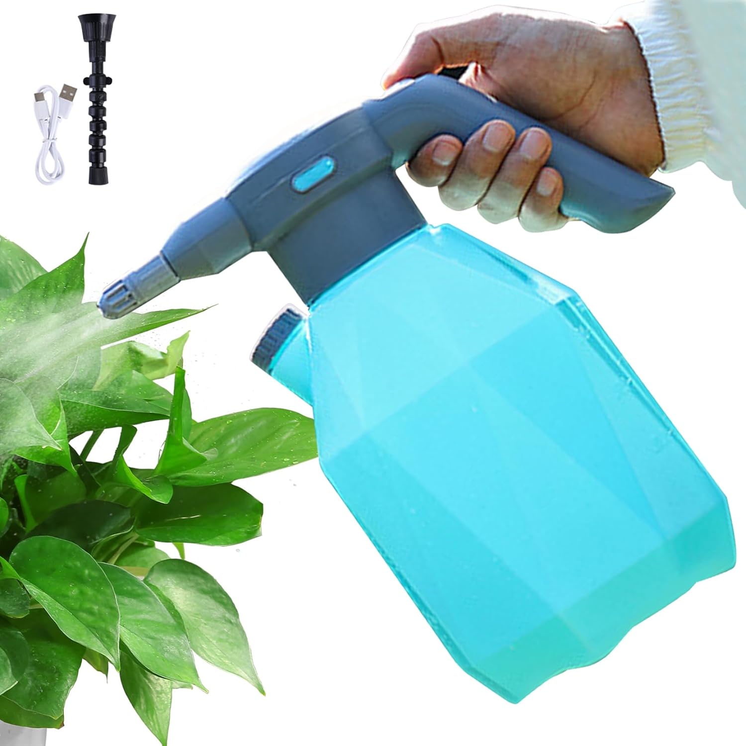 Electric Sprayer, 2L USB Sprayer Bottle 2 Mode, 2000mAh Pressure Sprayer with Extension Nozzle Portable Scaled Sprayer for Watering Gardening Blue