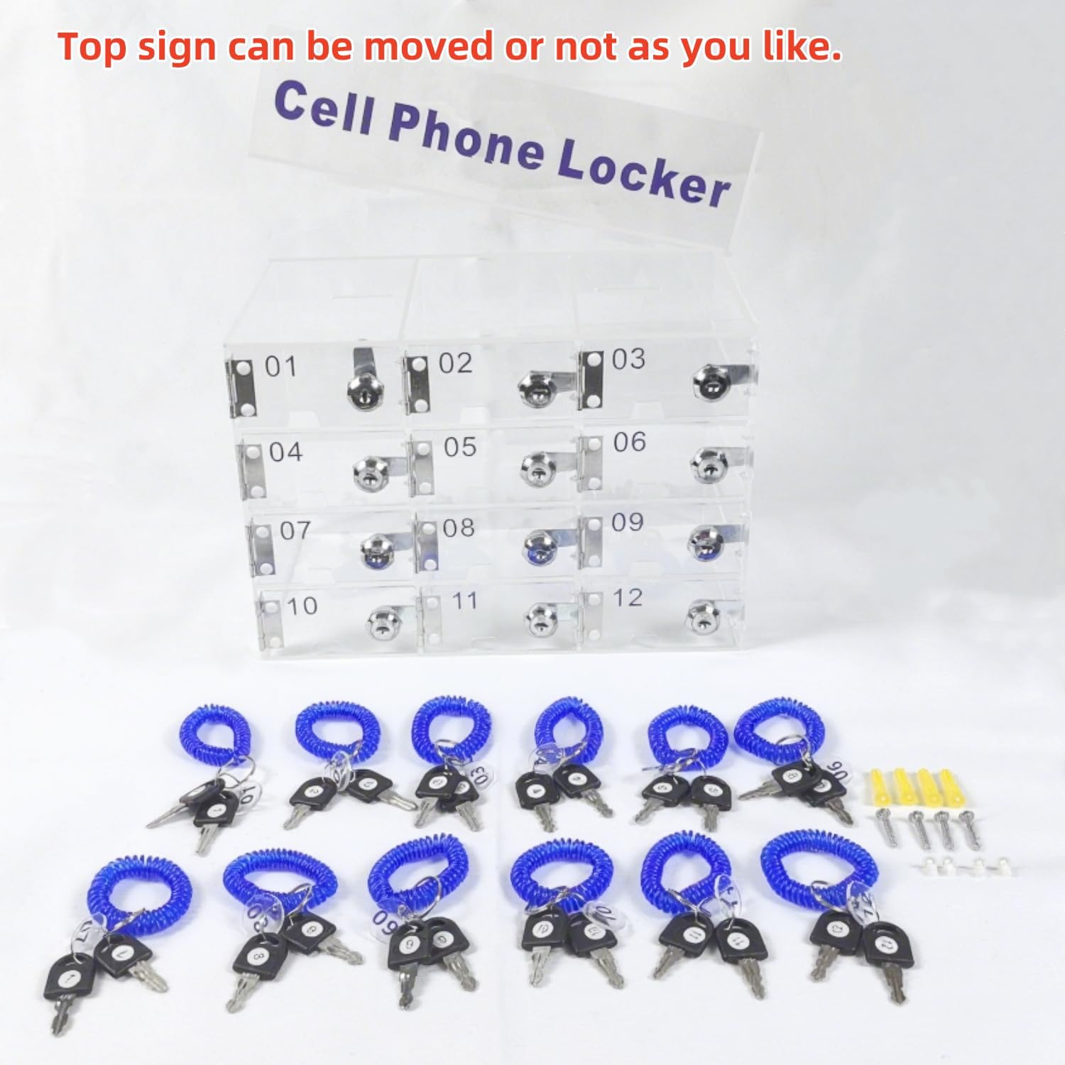 12-Slot Clear Acrylic Phone Locker - Tabletop or Wall Mount for School/Retail/Clinics, Individual Keyed Locks w/Numbered Keys & Cable Holes