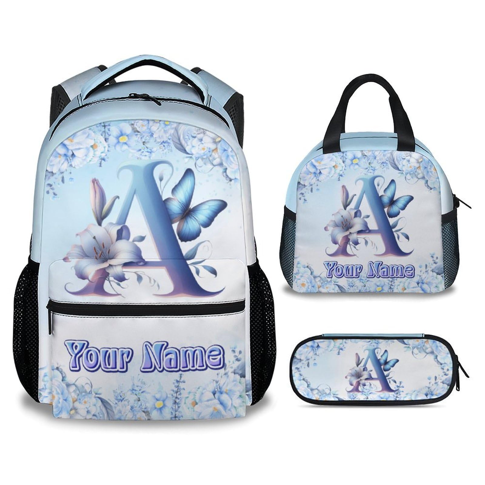 Backpack with Lunch Box for Girls, Personalized Backpacks for Kids Women, Butterfly Bookbags Initial School Bag with Pencil Case, 17 Inch Blue
