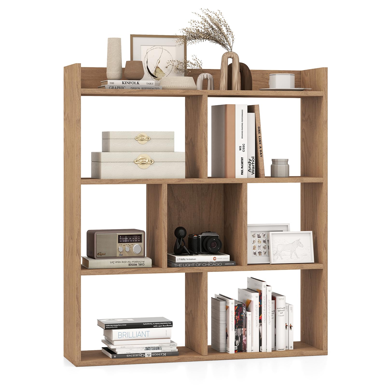 GOPLUS Étagère Bibliothèque à 7 Cubes Ouvertes, Bibliothèque en Bois à 3 Niveaux avec Kits Anti-basculement, Meuble Rangement pour Salon, Bureau, Bureau, 80x20x90cm (Naturel)