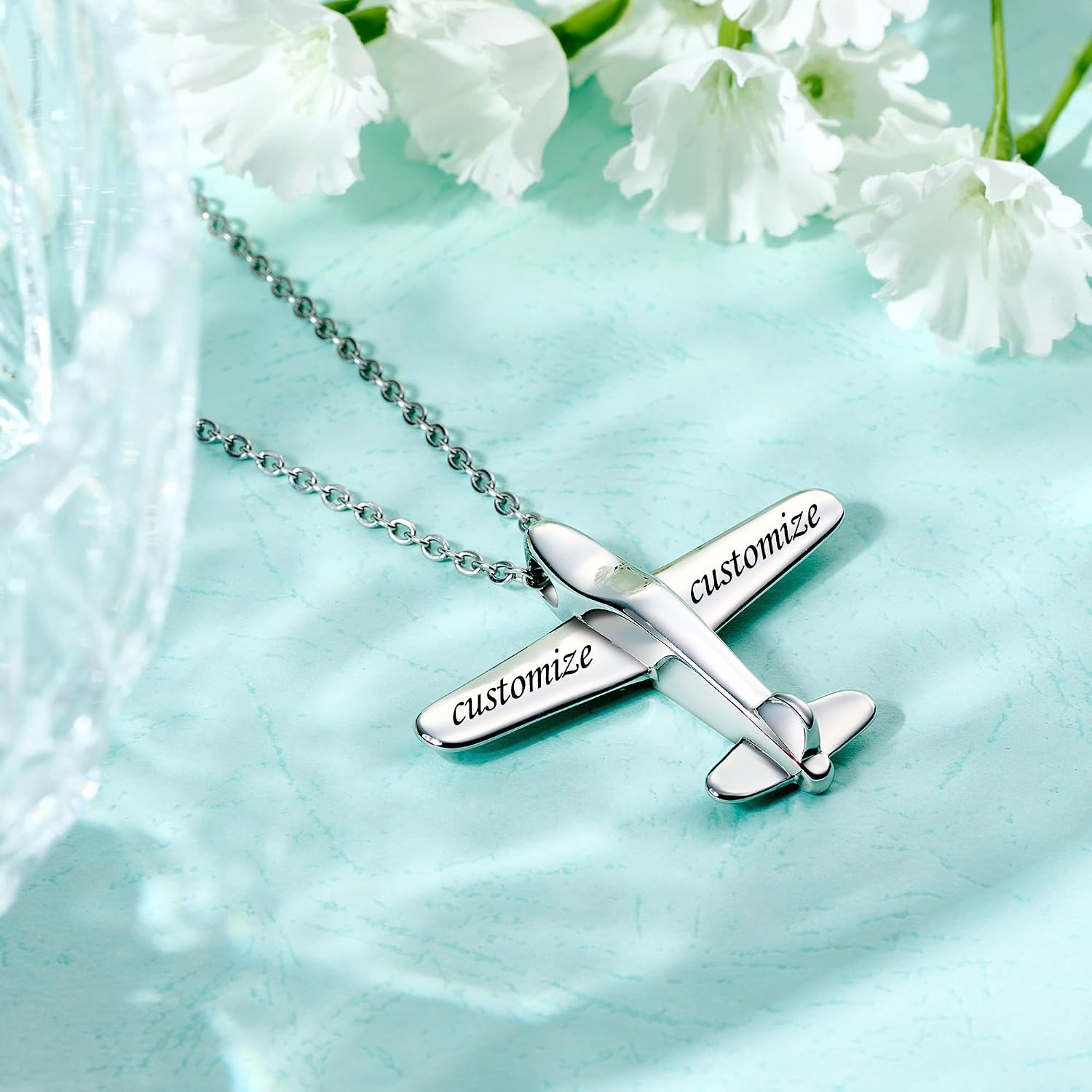 Fanery Sue Stereoscopic Airplane Custom Necklace Aircraft Model Stainless Steel Personalized Necklace Customized Engraved Name Pendant Pilot Gift