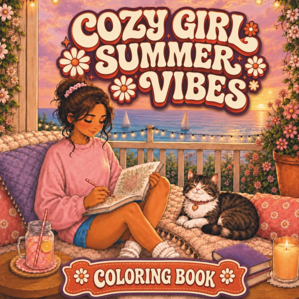 Cozy Girl Summer Vibes Coloring Book: Bold and Easy Sunny Adventure Designs with Cute Cats of Different Breeds for Fun and Relaxation