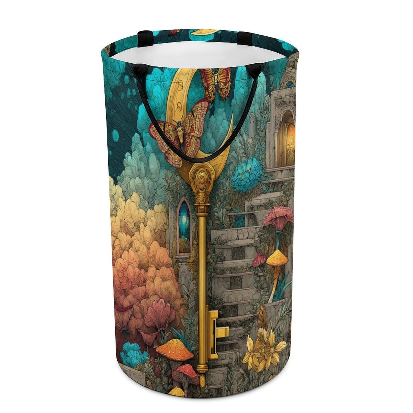 LUYYSKY Retro Fantasy Fairy Garden Collapsible Dirty Clothes Basket, Vintage Aesthetic Starry Sky Galaxy Animal Butterflies Flowers Portable Clothes Storage Laundry Basket-40 CM Dia, 69 CM High