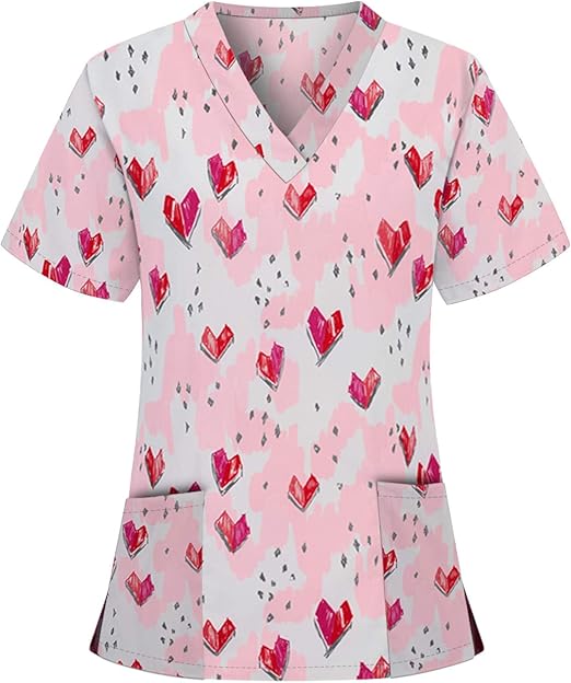 Women_Scrub_Top Short Sleeve Vneck Tops Working Uniform Valentine's