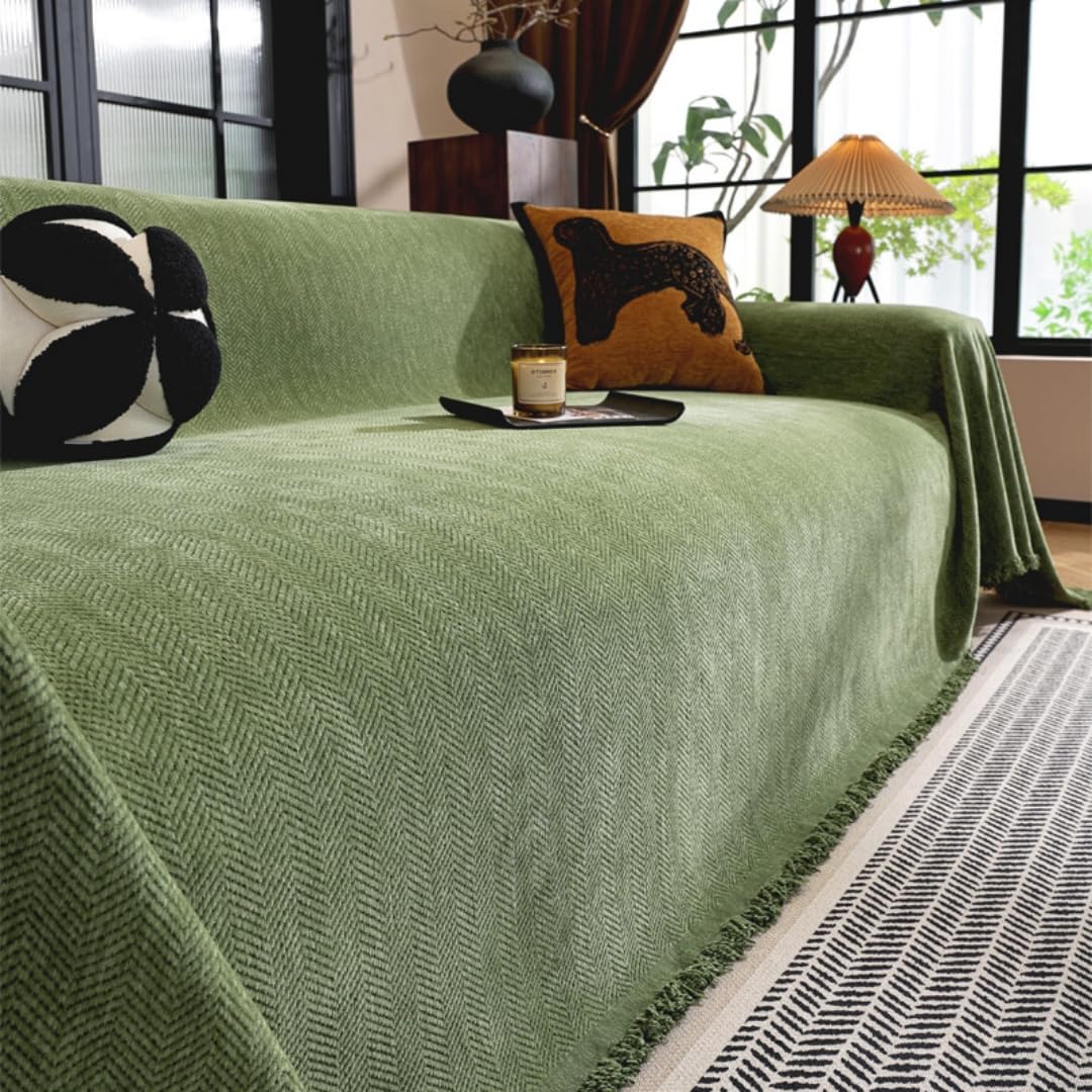 Highdi Chenille Sofa Throws Large Ersatile Soft Throw Blanket with Tassels, Solid Color Extra Large Throws for Settees Couch, Sofa, Bed, Armchair (Green,180x230cm)