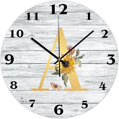 Reloj de pared de girasol con letra inicial A estilo granja 12 pulgadas silencioso sin tictac con nombre floral inicial de PVC decorativo para sala