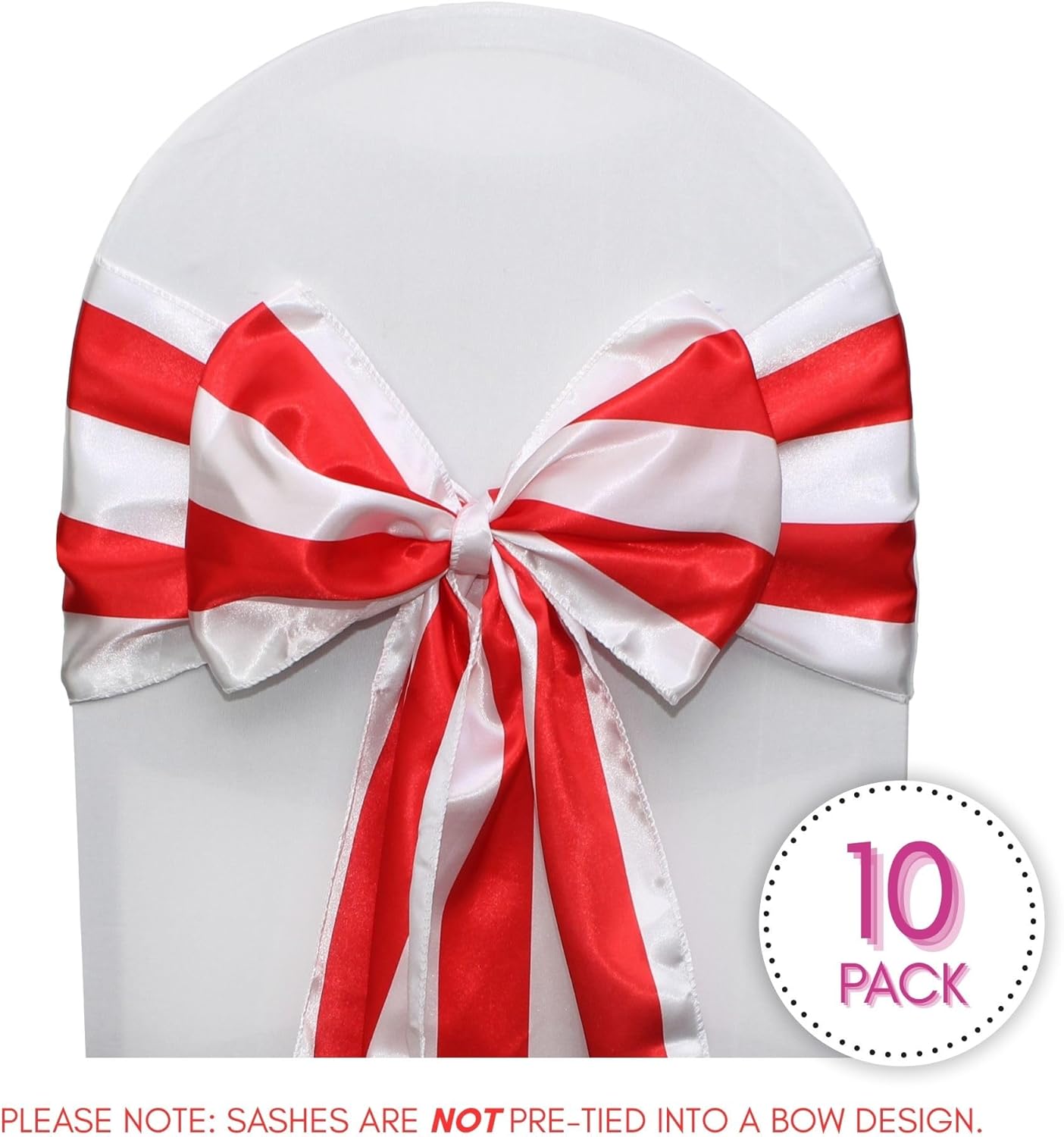 YOUR CHAIR COVERS -Satin Sashes Red/White Striped (Pack of 10), Chair Sashes for Weddings, Events, Hotels and Catering Services