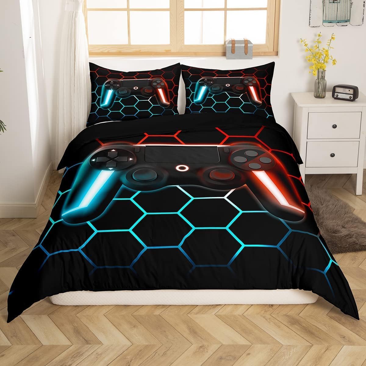 Game Comforter Cover For Boys Gamer Duvet Cover For Boys King Lightweight,Teens Modern Gradient Gaming Bedding Set Gamer Home Decor Goemetric Honeycomb Bedspread Cover + 2 Pillowcase - Image 2