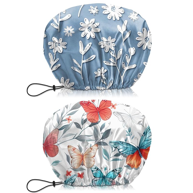 Toucas de banho BHAHB com camada dupla, ajustáveis e reutilizáveis, estampas de borboletas e flores — Pacote com 2