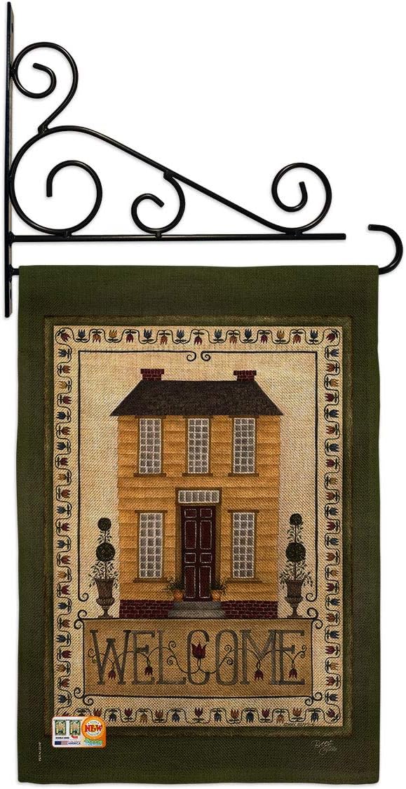 Welcome Yellow House Garden Flag Set Wall Holder Country Living Farm Western Barn American Rustic Cowboy Rural Ranch Small Decorative Gift Yard Banner Double-Sided Made In USA 13 X 18.5