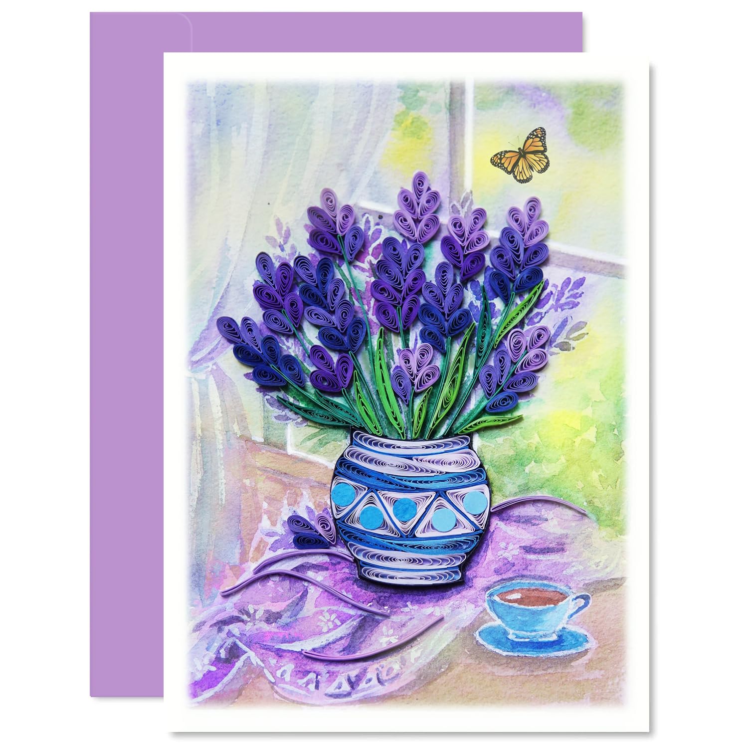 KingKraft Lavender Flower Quilling Card, Handmade Greeting Card for All Occasions, Birthday, Thinking of You, Get Well, Anniversary Card for Wife, Valentines Day, Mothers Day Card, Blank Inside