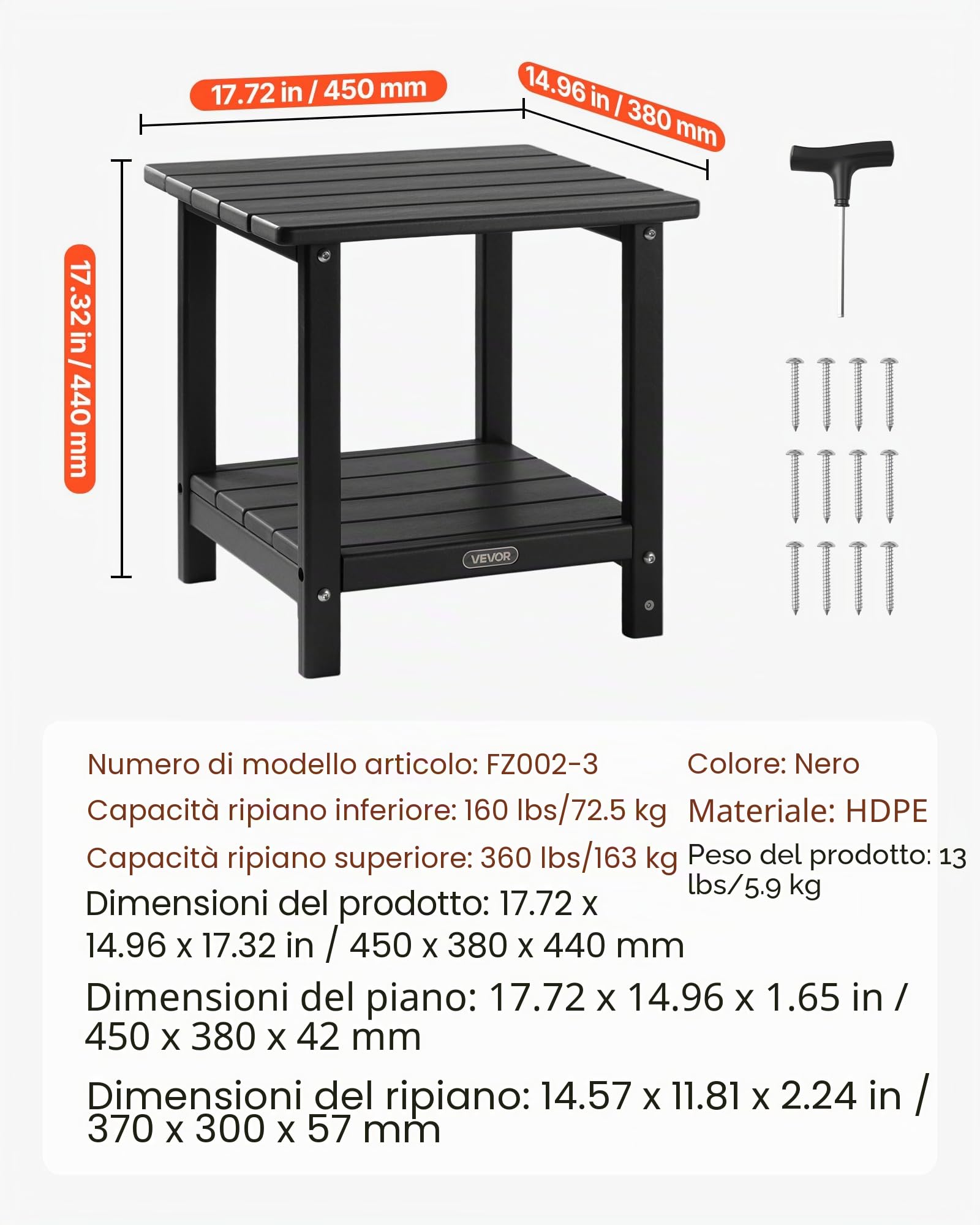VEVOR Tavolino da Giardino 2 Ripiani 45 x 38 x 44 cm, HDPE, Tavolino da Esterno Mobiletto per Cortile per Bordo piscina, Spiaggia, Veranda, Balcone, Interno, Nero