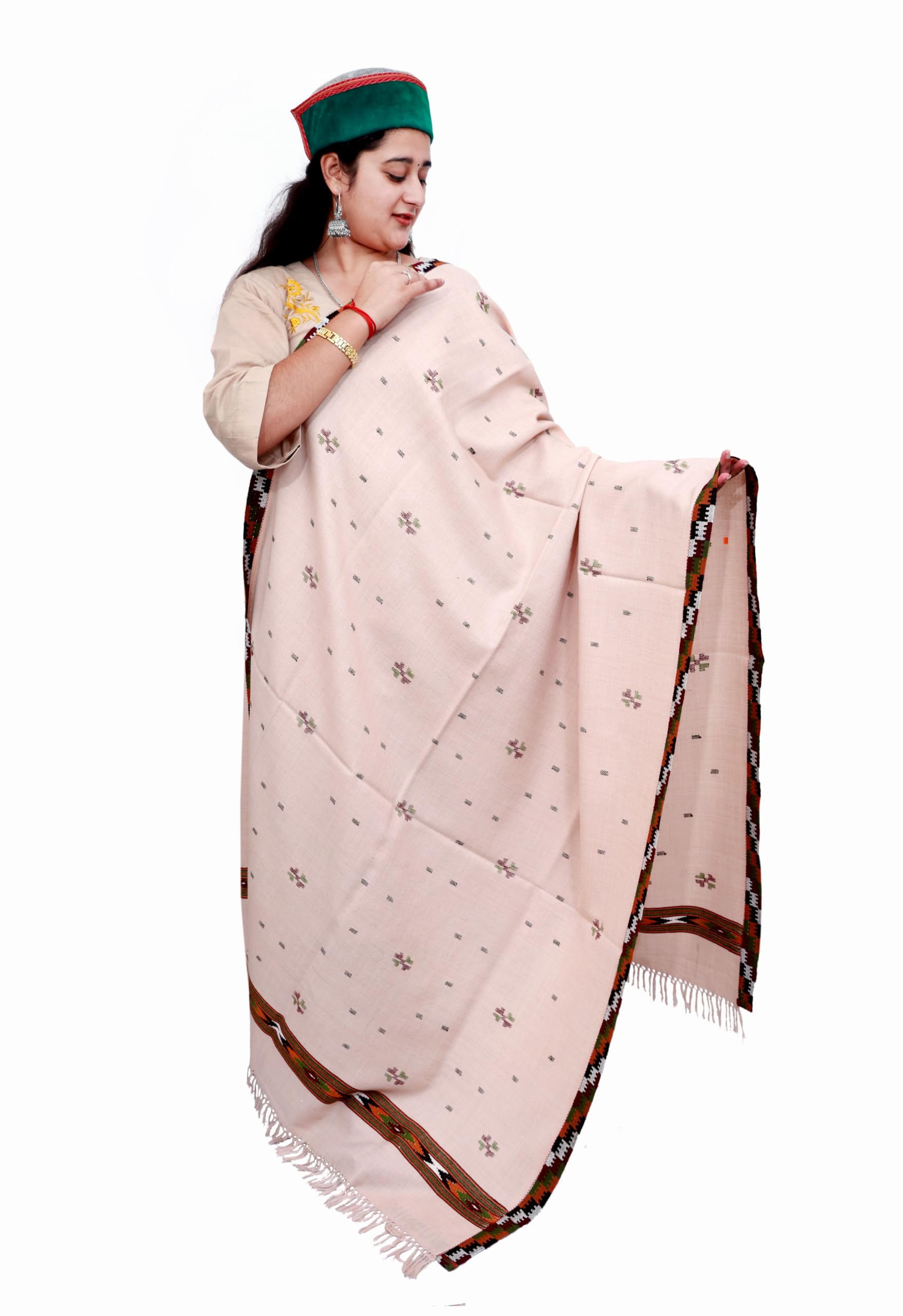 WUDNIK Himachali Wool Shawl, Off-White with Kinnauri Border-image-29