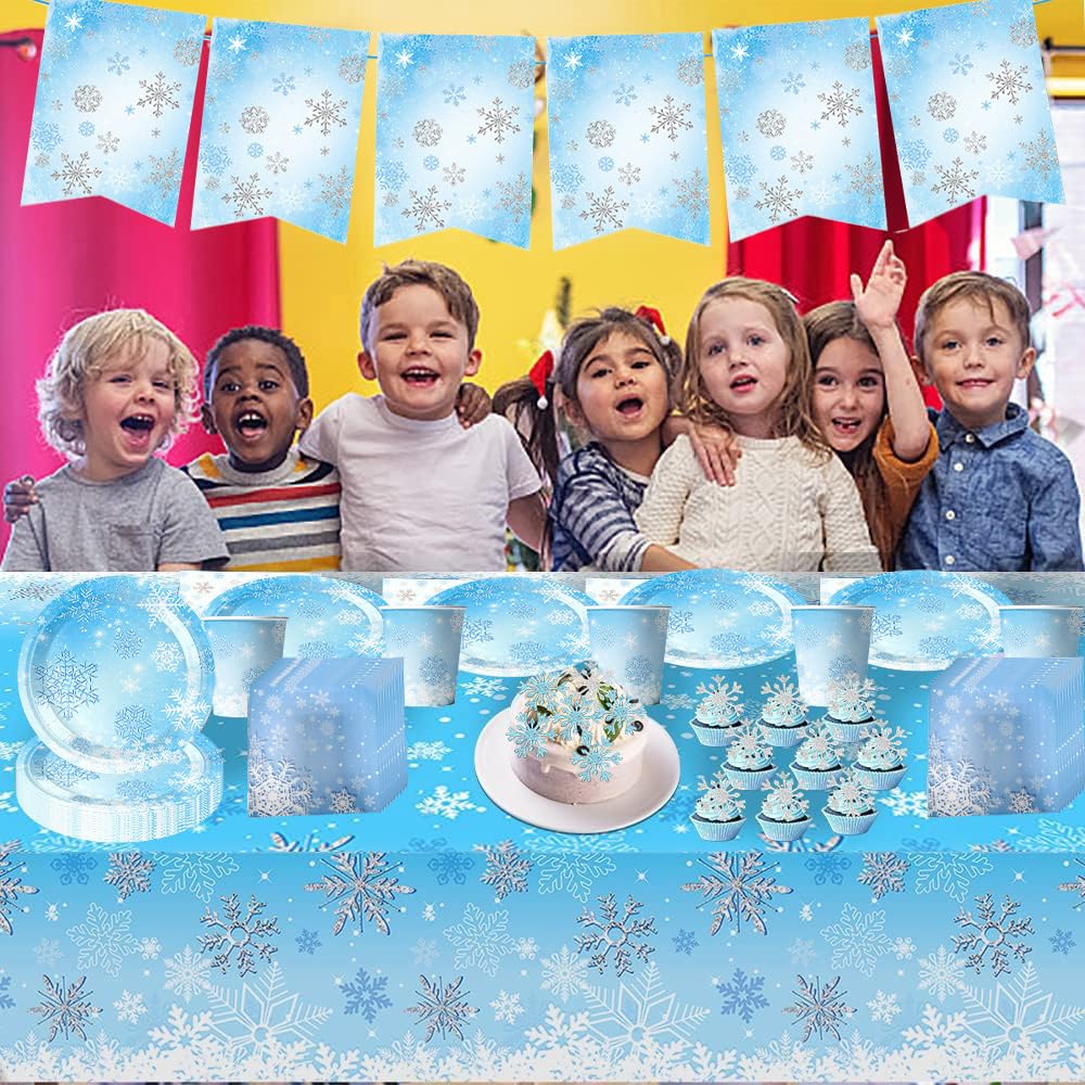 Set di 95 Stoviglie per Feste con Fiocchi di neve, Tra cui Bandiera, Piatti, Tovaglioli, Bicchieri di Carta e inserti per Fiocchi di neve, per 20 Persone