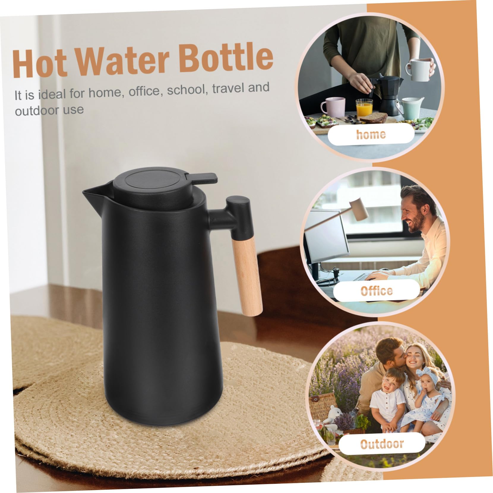 Thermoskanne mit Glas Inneneinsatz und Holzgriff Wärmespeicher Tragbare Kaffeekanne für Zuhause und Büro
