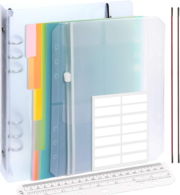 FANDAMEI A5 Round Ring Binder Cover Set - PVC Notebook Protector + Subject Dividers + 2 Pcs Binder Pockets + Ruler + Labels, 6 Hole Loose Leaf Folder Planner with Card Holder Used in Office School