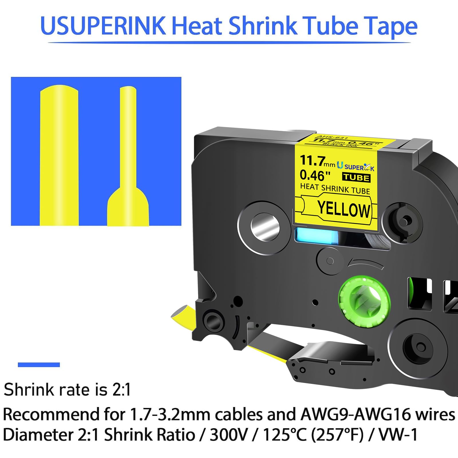 SuperInk - Nastro termorestringente per stampanti Brother HSe-631 HS-631 HS631 nero su giallo, per stampanti PT-D210 D200 D400 D450 D600 H300 P700 P900 (0,46''x 1,6''x 1,6'') 5 m. ,7 mm x 1,5 m.