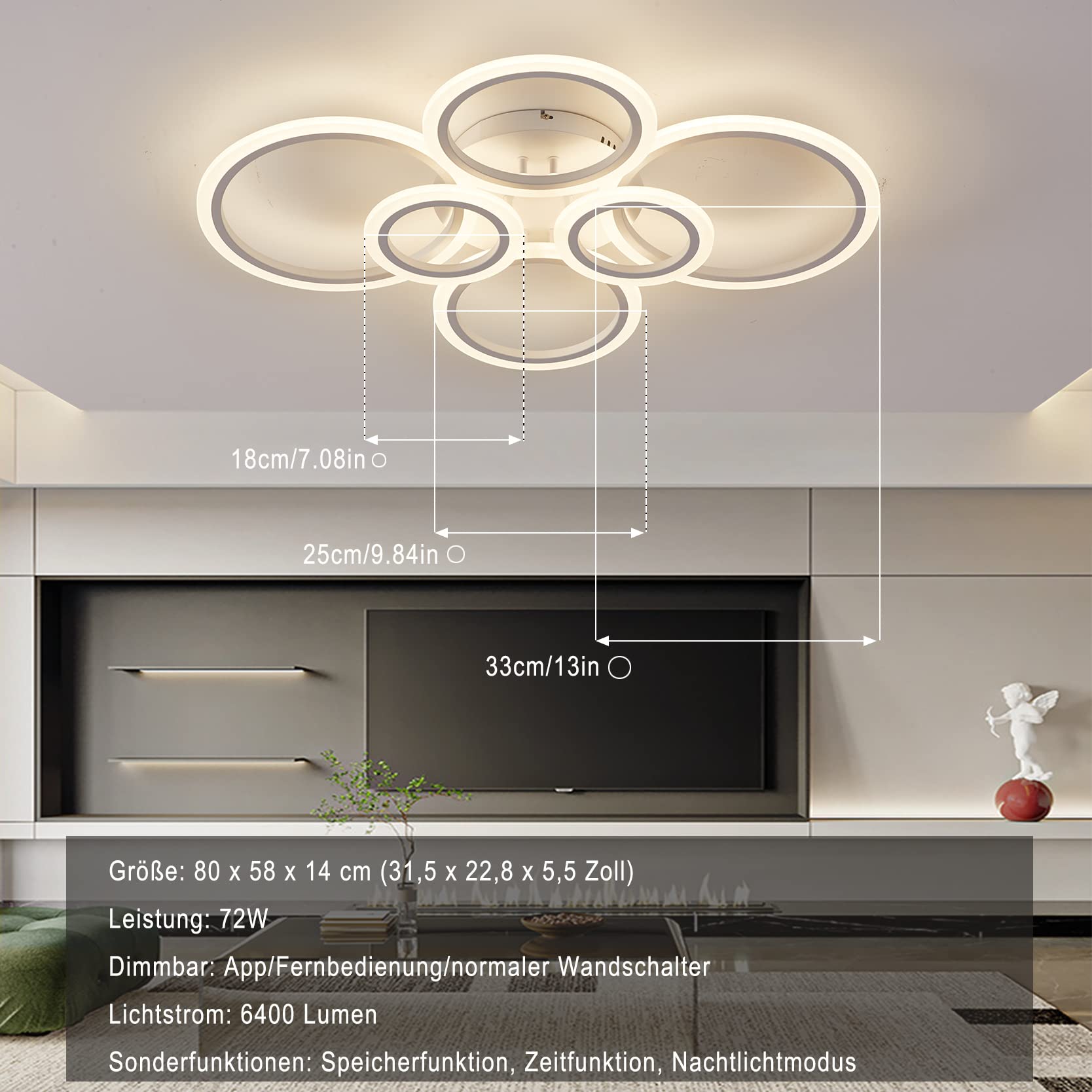 LED Deckenleuchte Φ80cm Weiß, mit Memory Funktion, Deckenleuchte Wohnzimmer Dimmbar mit Fernbedienung Farbwechsel 2700K-7000K Helligkeit Einstellbar, Modern Deckenlampe Schlafzimmerlampe Küche