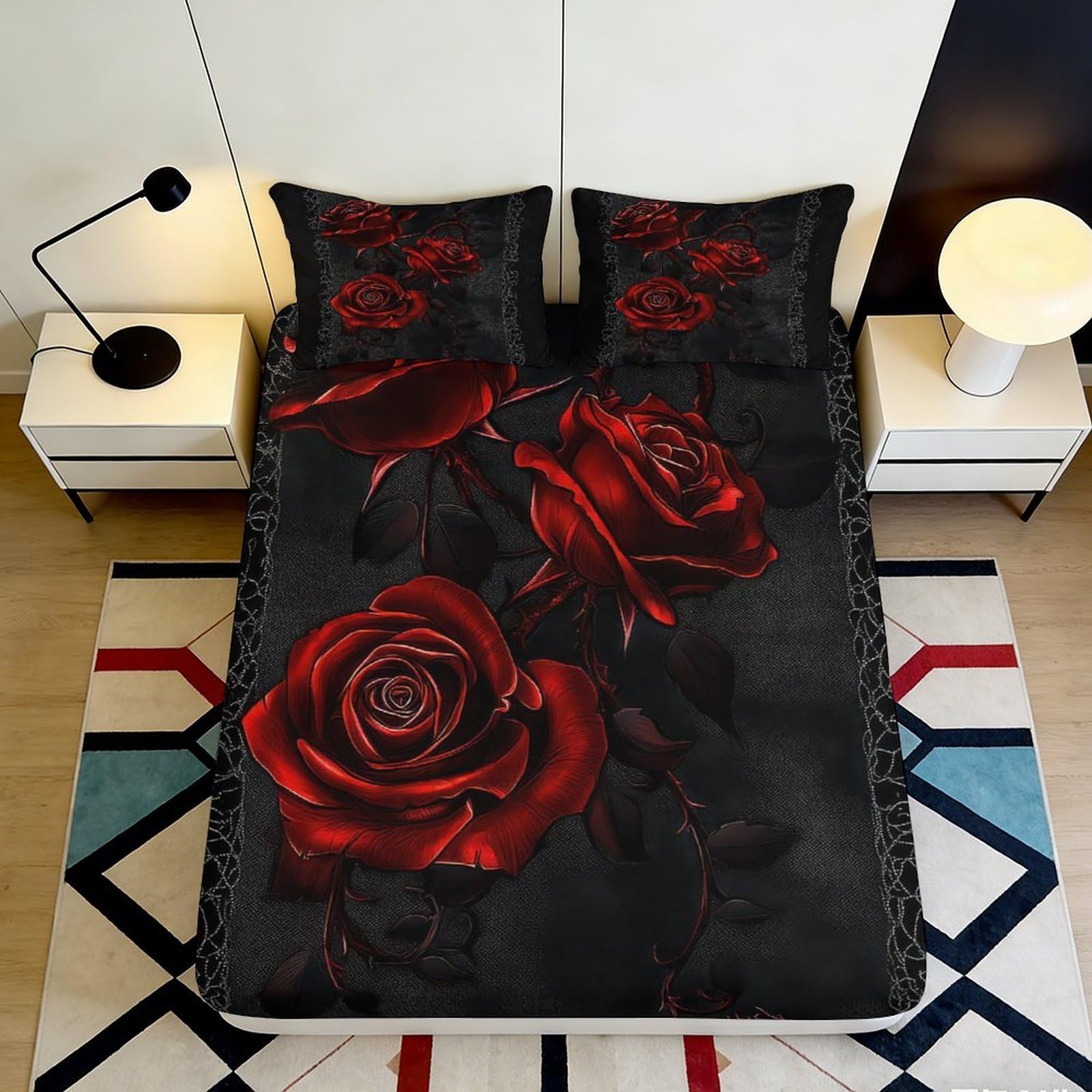 3D Printed Rose Pattern Fitted Sheet Microfiber Deep Pocket Bedroom Bedding Romantic Rose Mattress Fitted Cover Non-Slip Wrap 200x200x25cm 90x200x25cm