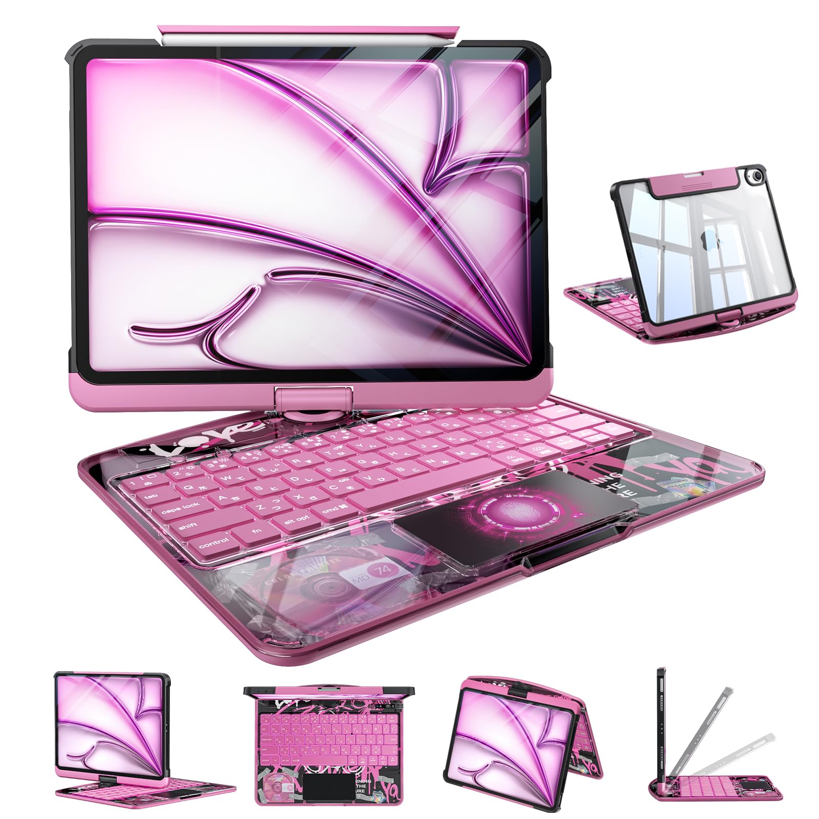 iFacemall ipad キーボード付きケース Air 11インチ M4/M3/M2 (2026/2025/2024)、Air第5世代、第4世代 対応 JIS日本語配列 360度回転式 Bluetooth5.3 遲延なし ·超高精度卜ラックパッド 7色パックライ卜 クリ了ク一ス ペンホルダ一搭載 日本語説明書付き ネオンピンク