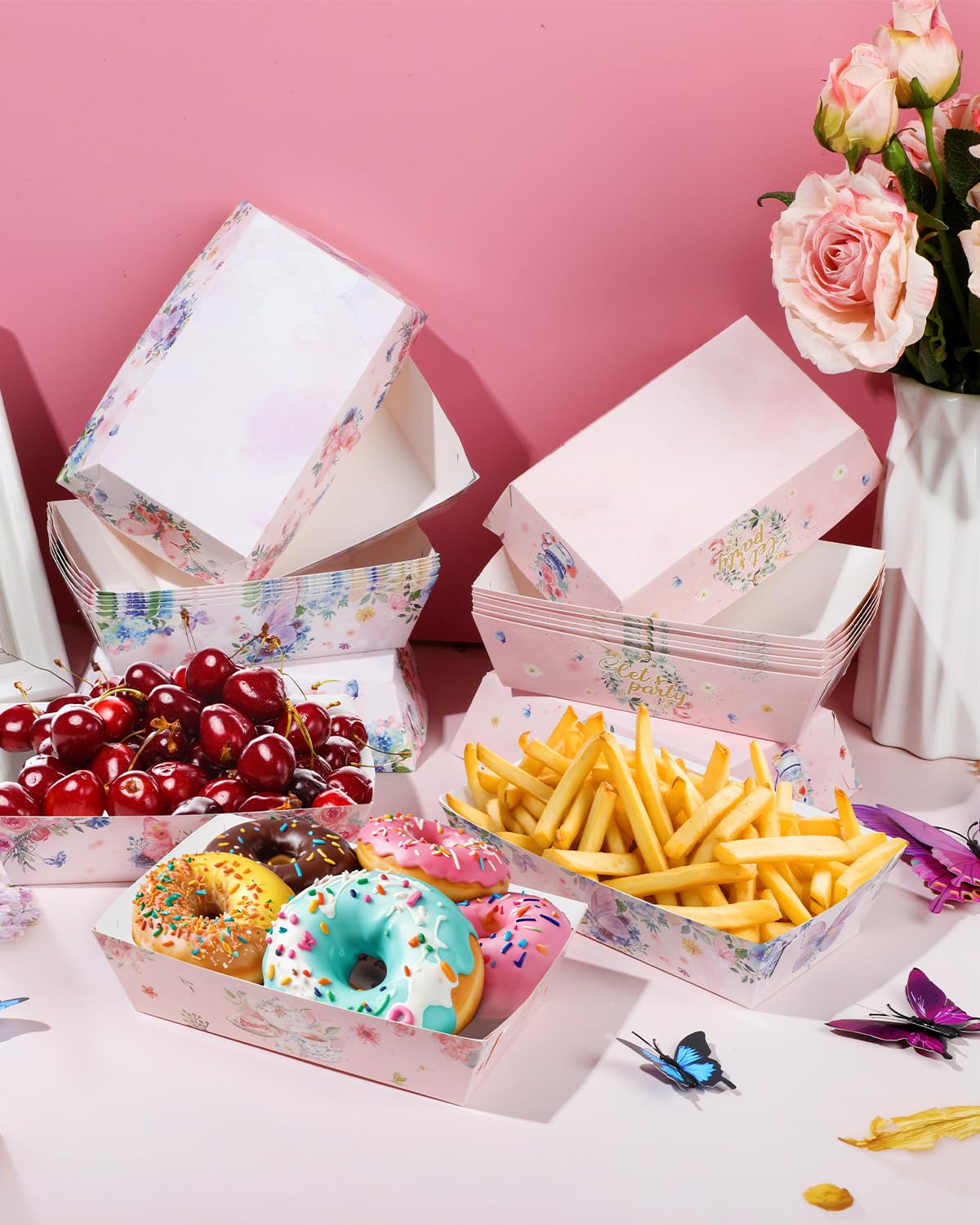 Liobelon 48 Pack Floral Tea Party Paper Food Boats, Elegant Nacho Boats Floral Food Serving Trays for Snacks, Desserts, Birthdays, Tea Parties