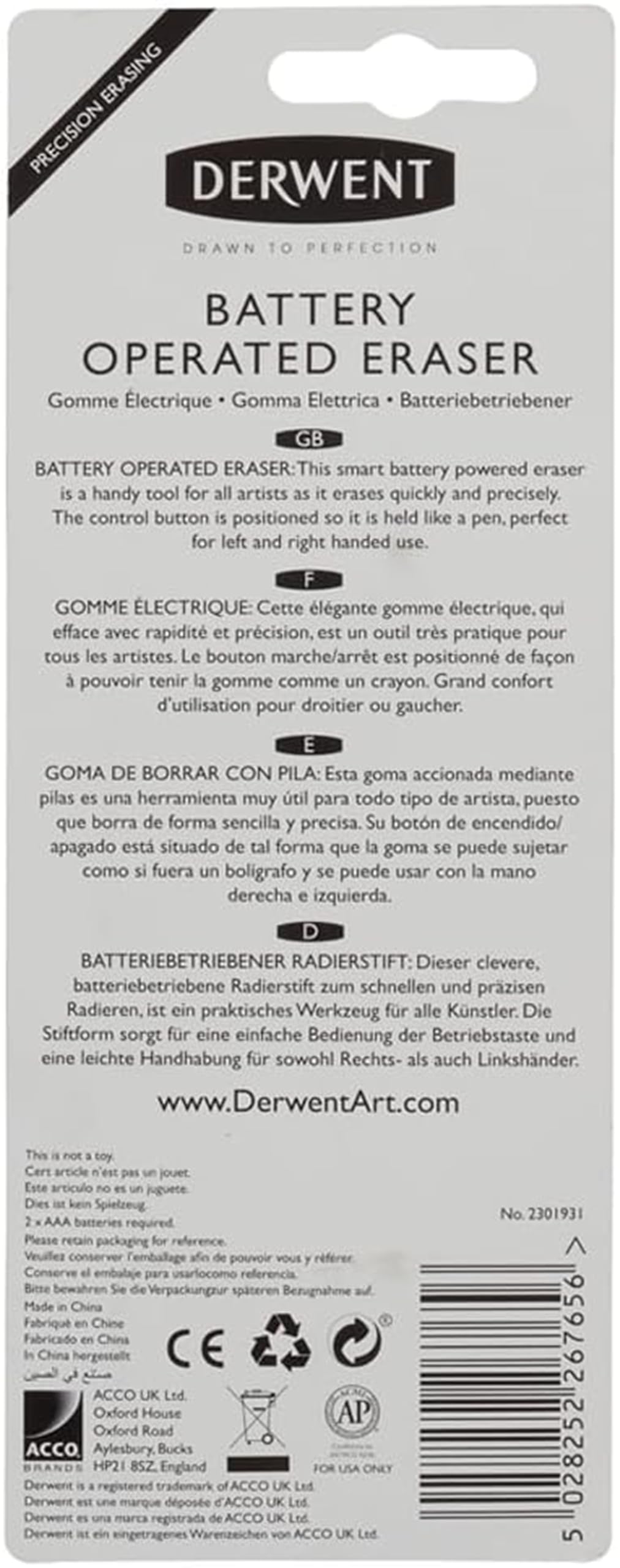 Derwent Stylo gomme à piles, comprend 8 gommes de rechange, convient aux crayons graphite, de couleur et pastel, qualité professionnelle, 2301931, noir