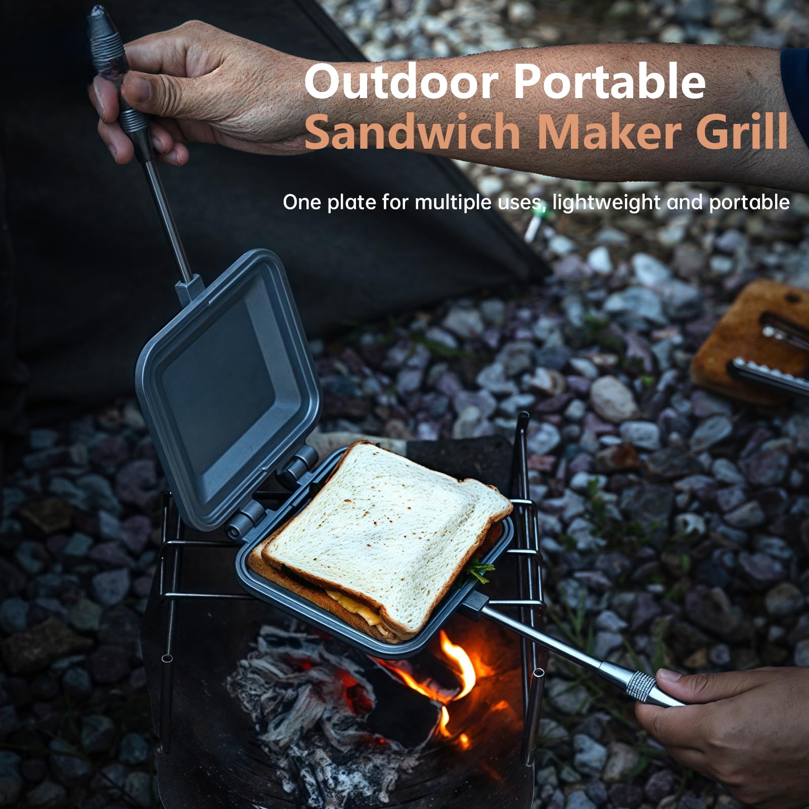 Campingmoon - Sandwichera de fogata para acampar, tostadora de pan de aluminio, para sándwich, parrilla, equipo de cocina para tartas de fogata (plateado) 2
