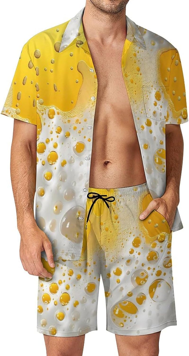 Beer Foam Men's Summer Beach Outfits Shirt And Shorts Set 2 Piece Vacation Swimwear