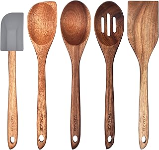 Wooden Spoons Kitchen Utensils Set for Cooking Baking, Natural Wood Slotted Spoon Solid Corner Spoon Turner Silicone Spatula Cooking Utensils Set Tools Large for Nonstick Cookware