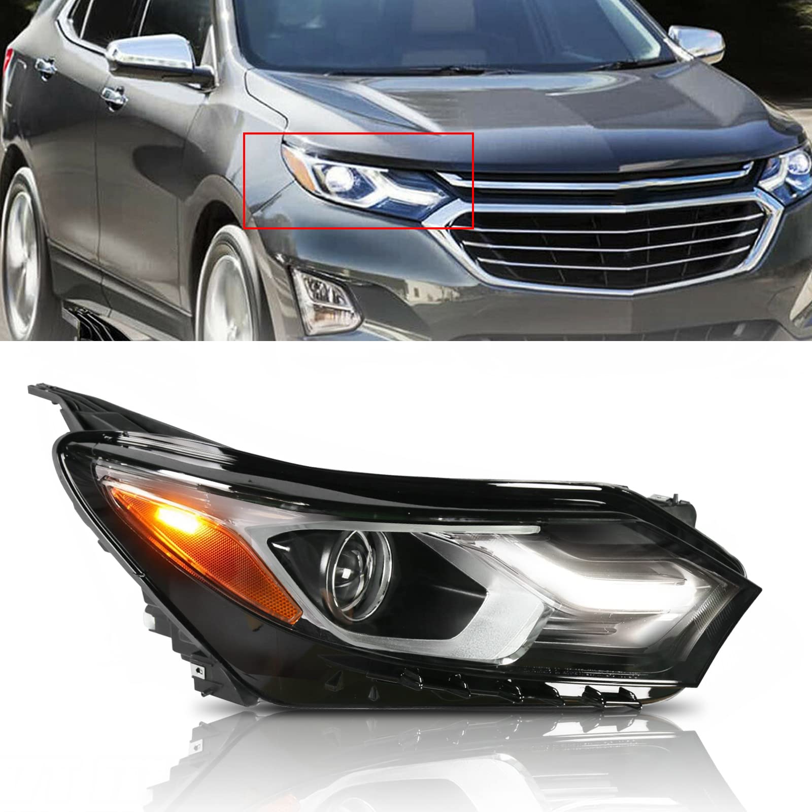 Photo 1 of BoardRoad Halogen Headlight Fits for 2018 2019 2020 Chevy Equinox Factory Style LED DRL Headlamps Assembly Direct Replacement Black Housing Clear Lens Right Passenger Side Passenger Side(Right)
