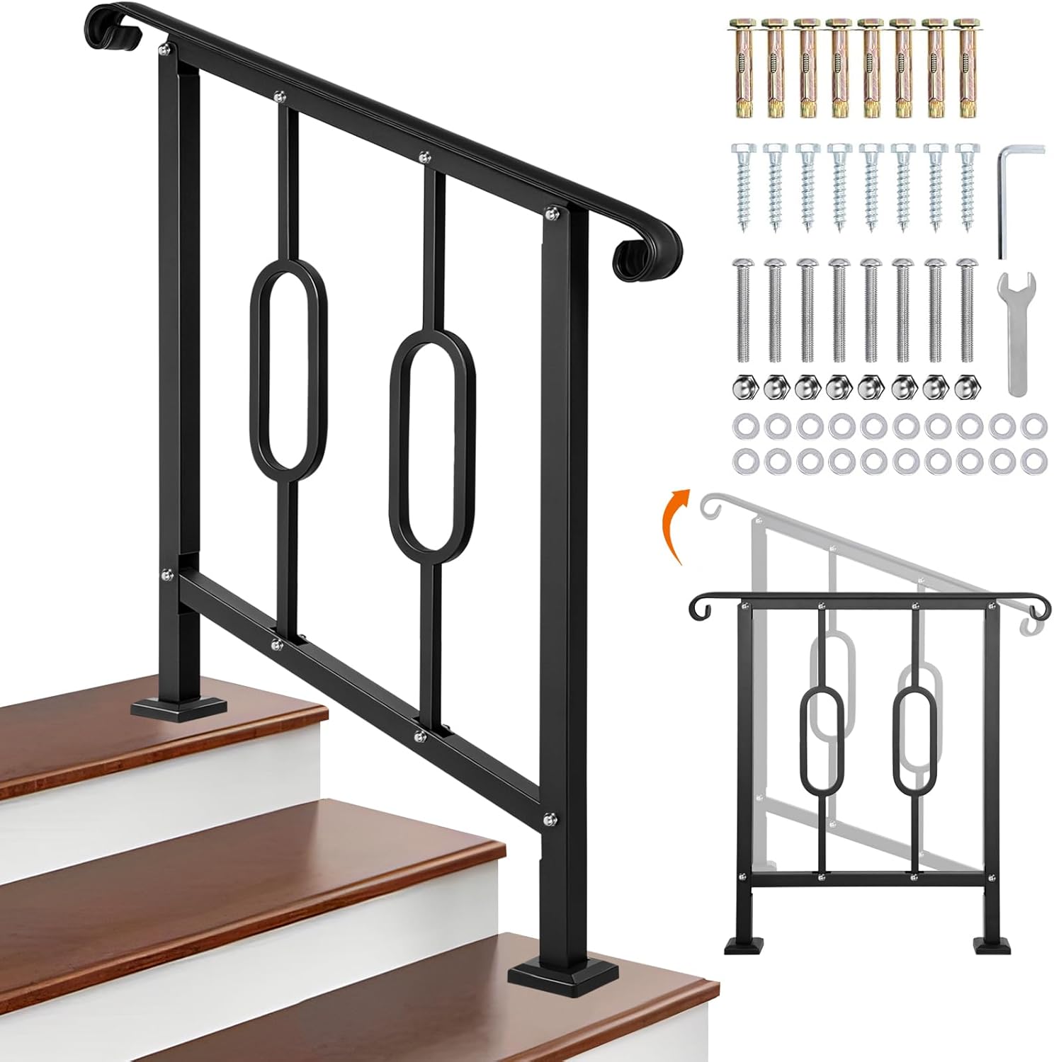 Handrails for Outdoor Steps, Adjustable Outdoor Handrail for 2-3 Steps & Horizontal Use, Black Wrought Iron Stair Railing for Wooden Stairs, Concrete Step, Porch Railing Deck (2-3 Step Oval)