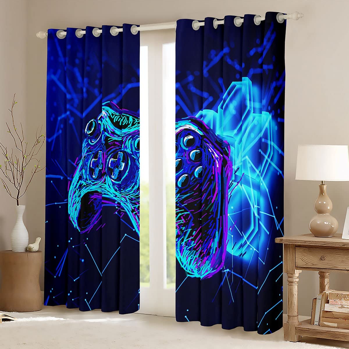 Kids Gamepad Window Treatments Blue Game Controller Curtain for Boys Girls Teens Decor Modern Gamer Window Drapes Gaming Console Window Curtain W52*L63 - Image 2