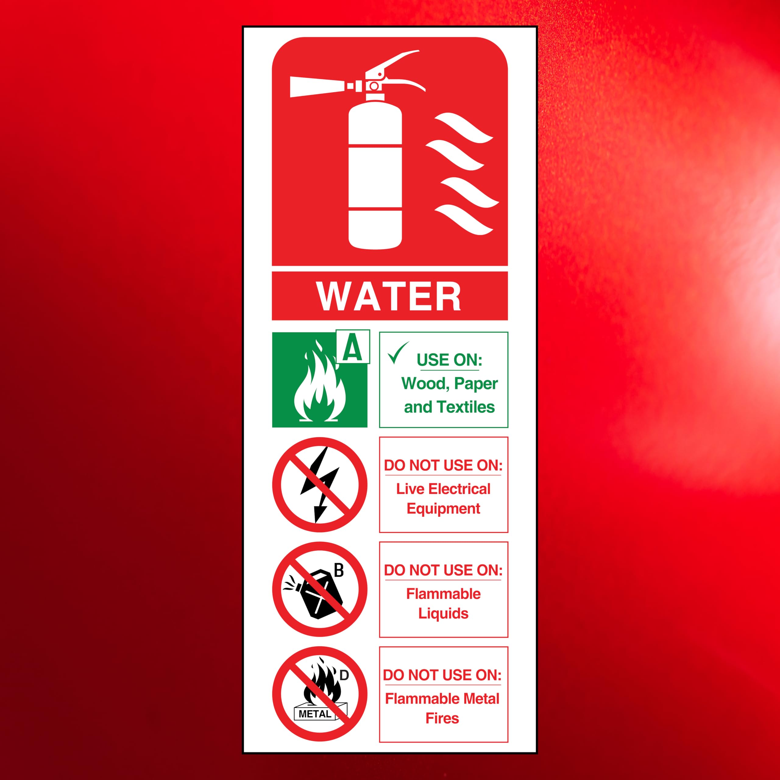 6x Water Fire Extinguisher Instruction Stickers - 85mm x 210mm Self-Adhesive Vinyl Labels