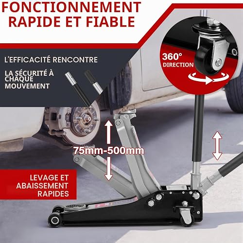 TEENO Cric Hydraulique 3T | Cric Voiture | Hauteur de Levage 75-500 mm | Double Piston + 2X Supports en Caoutchouc | roulettes 360° | Leve Voiture pour Entretien et Changement de Pneus - 4