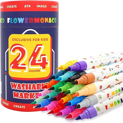 Lebze Marcadores de color para niños de 2 a 4 años, marcadores lavables de 24 colores para libros de colorear, bolígrafos de fieltro seguros y no