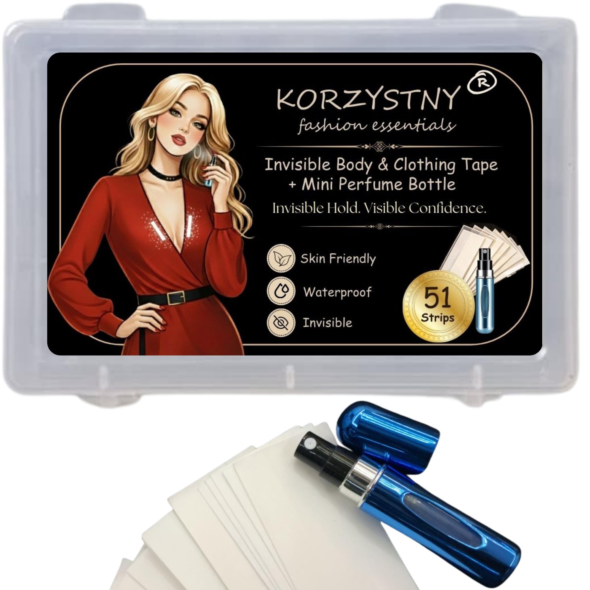 KORZYSTNY Invisible Double-Sided Body & Clothing Tape for Women with Mini Refillable Perfume Bottle | Waterproof, Hypoallergenic Fashion Tape for Dresses & Lingerie (51)-image-12