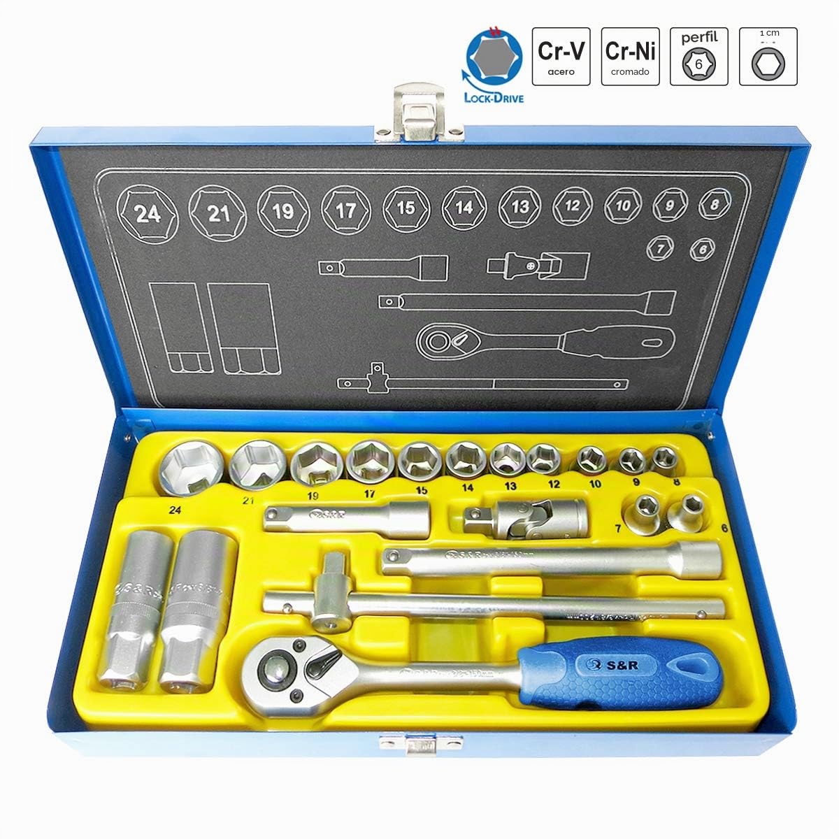 S&R Juego Llaves de Vaso y carraca Trinquete 3/8" Set llaves con tuercas Profesionales