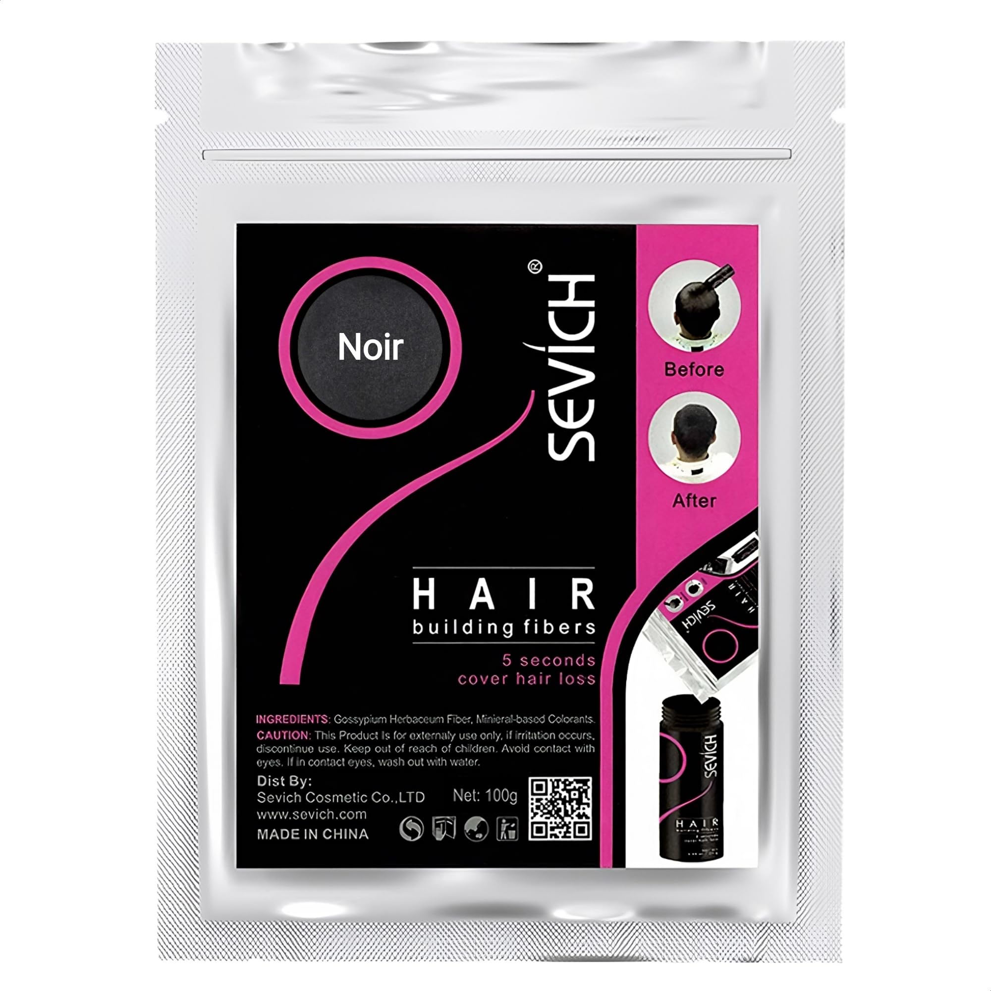 Sac de Recharge Fibre Capillaire Noir 100g - Cache le Perte de Cheveux - Poudre de Microfibre de Coton 100% Naturel pour Hommes et Femmes