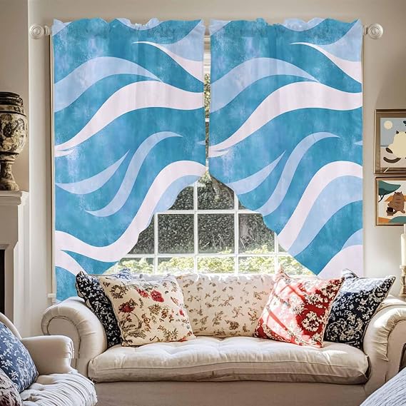 Blue Stripe Swag Curtains Valance For Kitchen Windows,Modern Abstract Geometric Ocean Coastal Wide Rod Pocket Curtain Drapes,Bedroom Bathroom Cafe Living Room Light Filtering Drapery Panels,72Wx36H