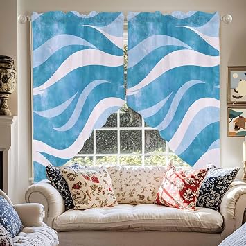 Blue Stripe Swag Curtains Valance For Kitchen Windows,Modern Abstract Geometric Ocean Coastal Wide Rod Pocket Curtain Drapes,Bedroom Bathroom Cafe Living Room Light Filtering Drapery Panels,72Wx36H