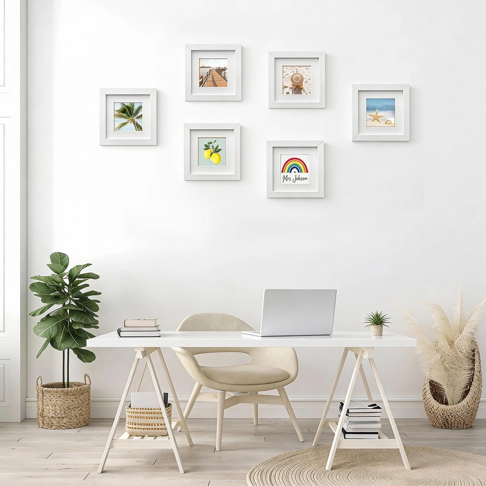 Juego de 4 Marcos de Fotos 15 x15 cm Cuadrado Madera Carton Blanco Color con Cristal Acrilico Passepartu para Pared o Mesa Decoracion Collage