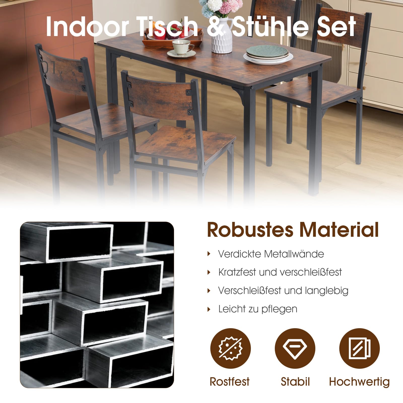 OC Orange-Casual 5-teilig Esszimmertisch Set, Esszgruppe für 4 Personen, Esstisch mit 4 Stühle aus MDF& Metall, Esszimmergruppe im Industrial-Look für Esszimmer, Küche, Vintagebraun (2 Packet)