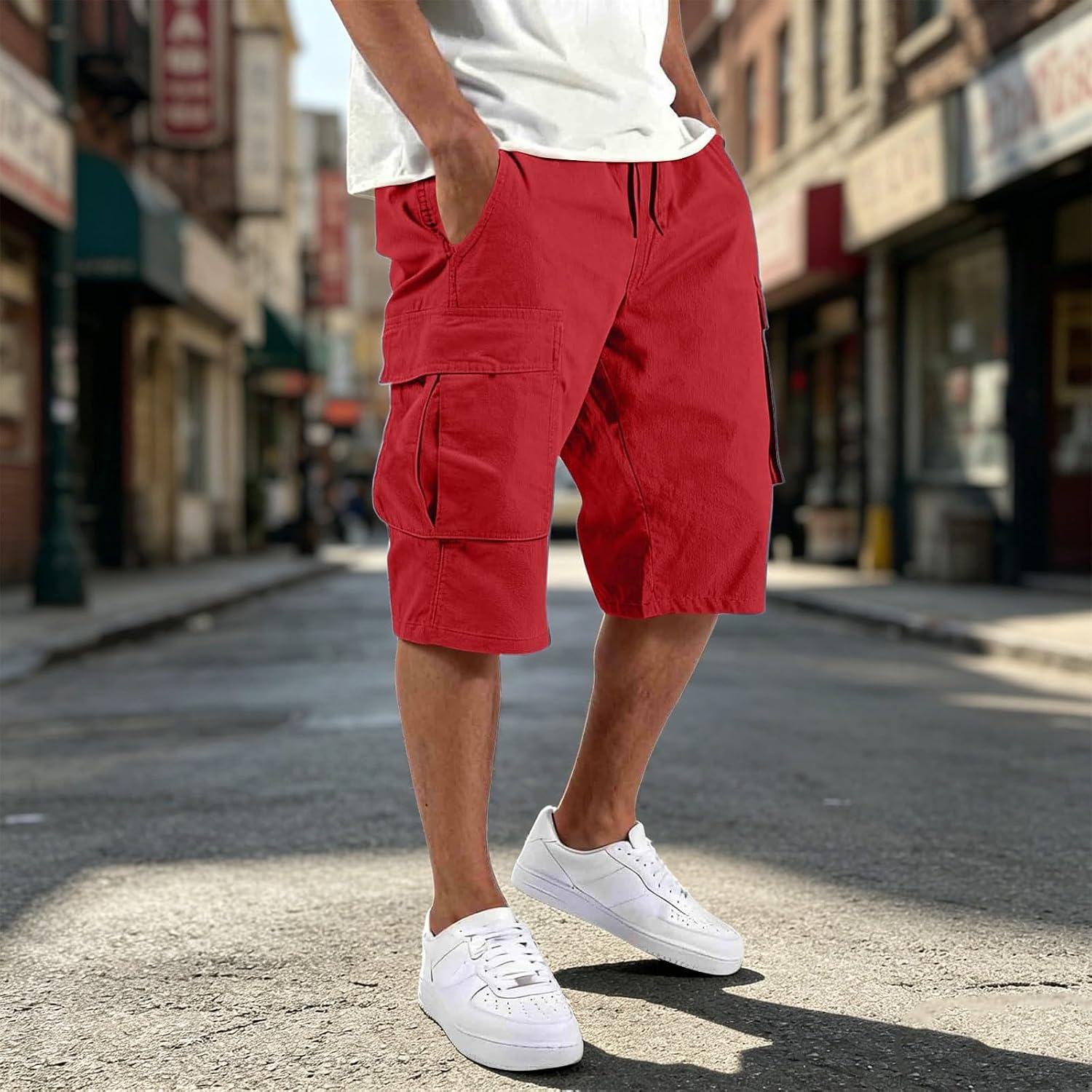 Twill Cargo Shorts for Men Relaxed Fit Cotton Classic Bermuda Shorts with Pockets Comfort Big and Tall Outfit