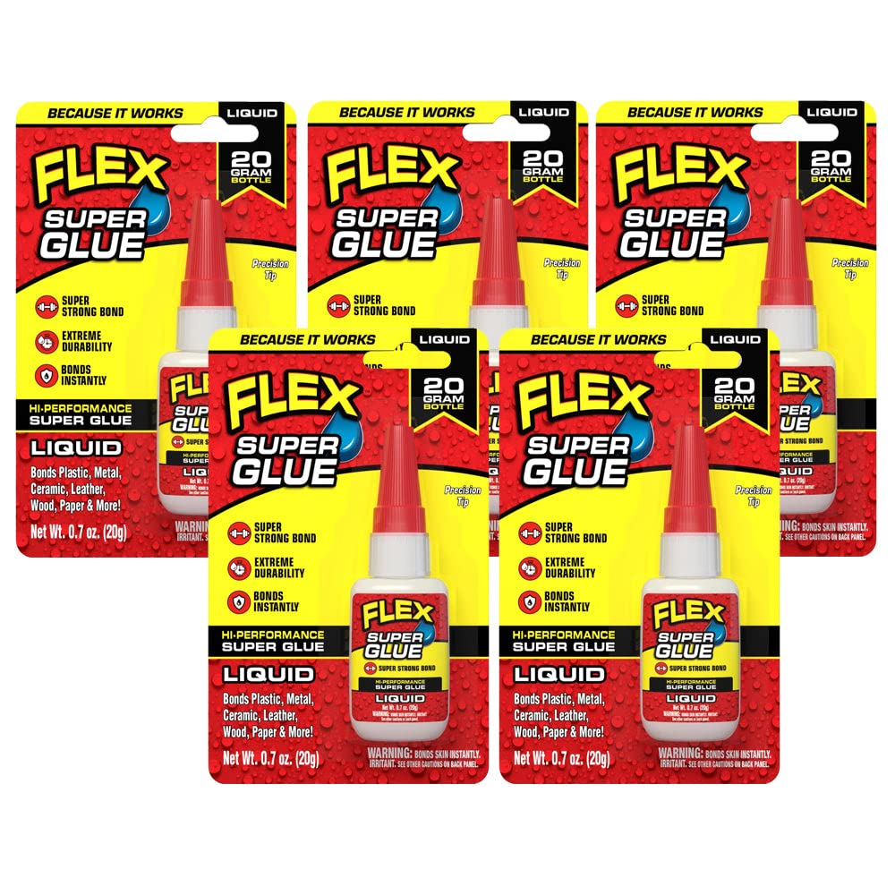 Flex Super Glue Liquid, 20 Gram Bottle, 5-Pack, Clear, Instant Bond, Quick Dry, Cyanoacrylate Adhesive, Precision Tip for Wood, Metal, Plastic, Crafts, Ceramic, and Toy Repairs