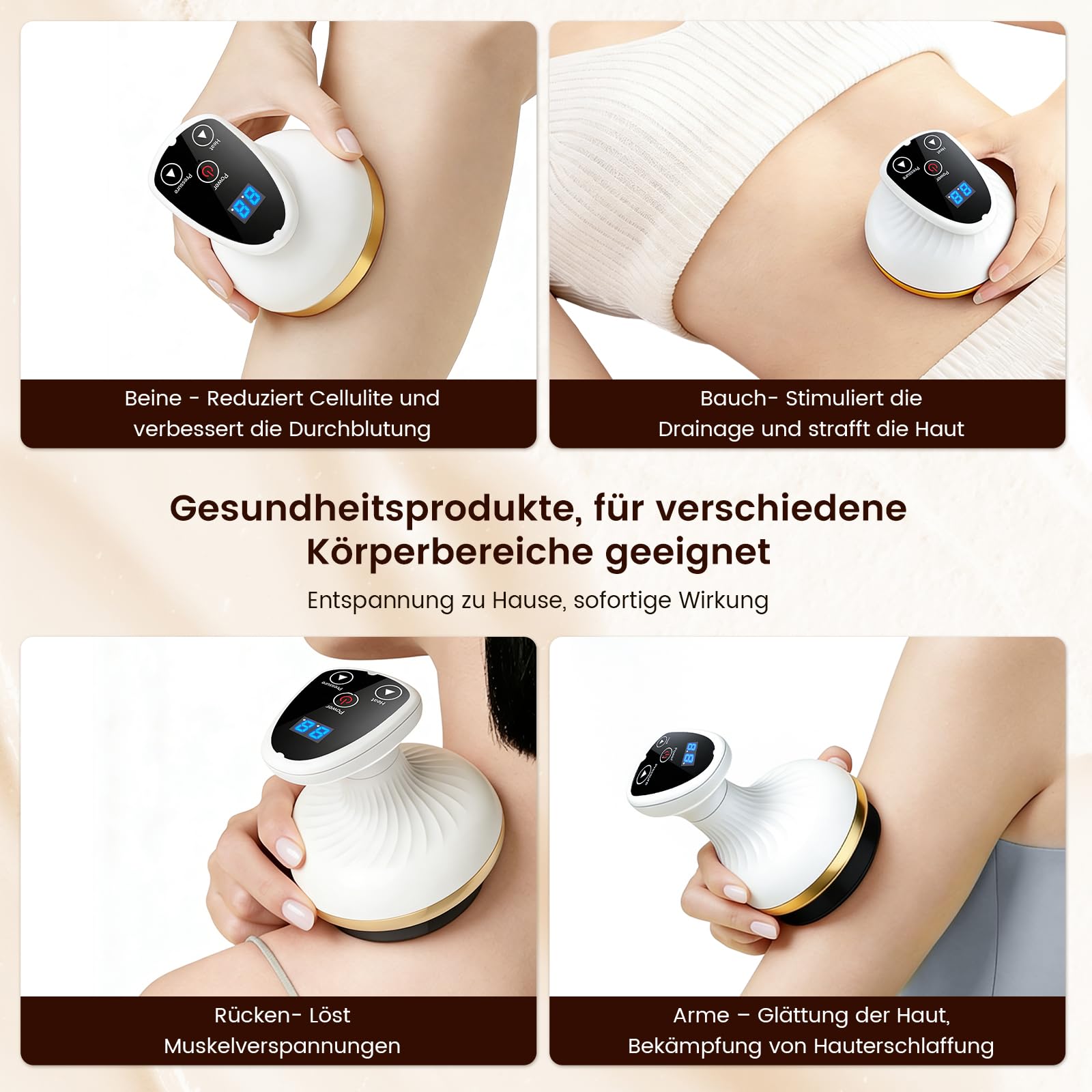 Vacuvia Cellulite Massager, 4-in-1 Vakuum Massagegerät gegen Cellulite mit Wärmetherapie & LED-Licht, Elektrisches Schröpfgerät für Lymphdrainage, Anti-Cellulite Massagegerät (Premiummodell)